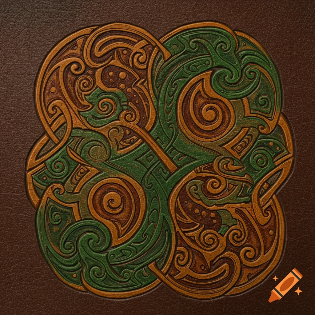 Celtic knot design embossed on brown leather