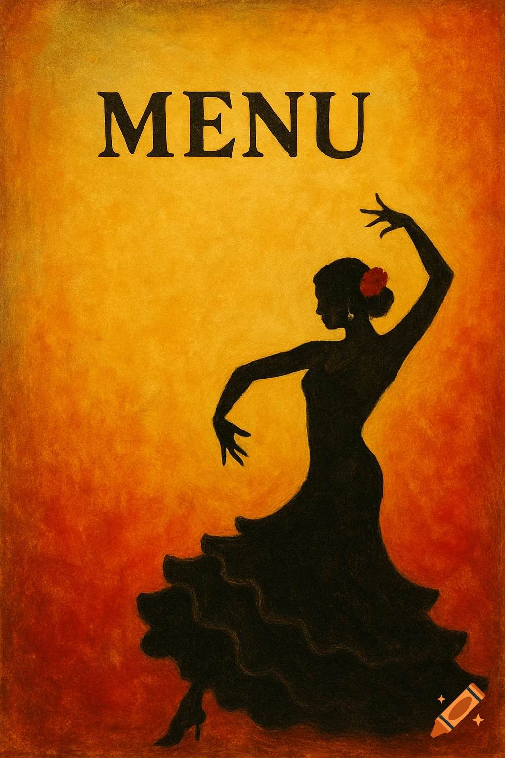 Silhouette of a flamenco dancer on an orange background with the word MENU at the top.