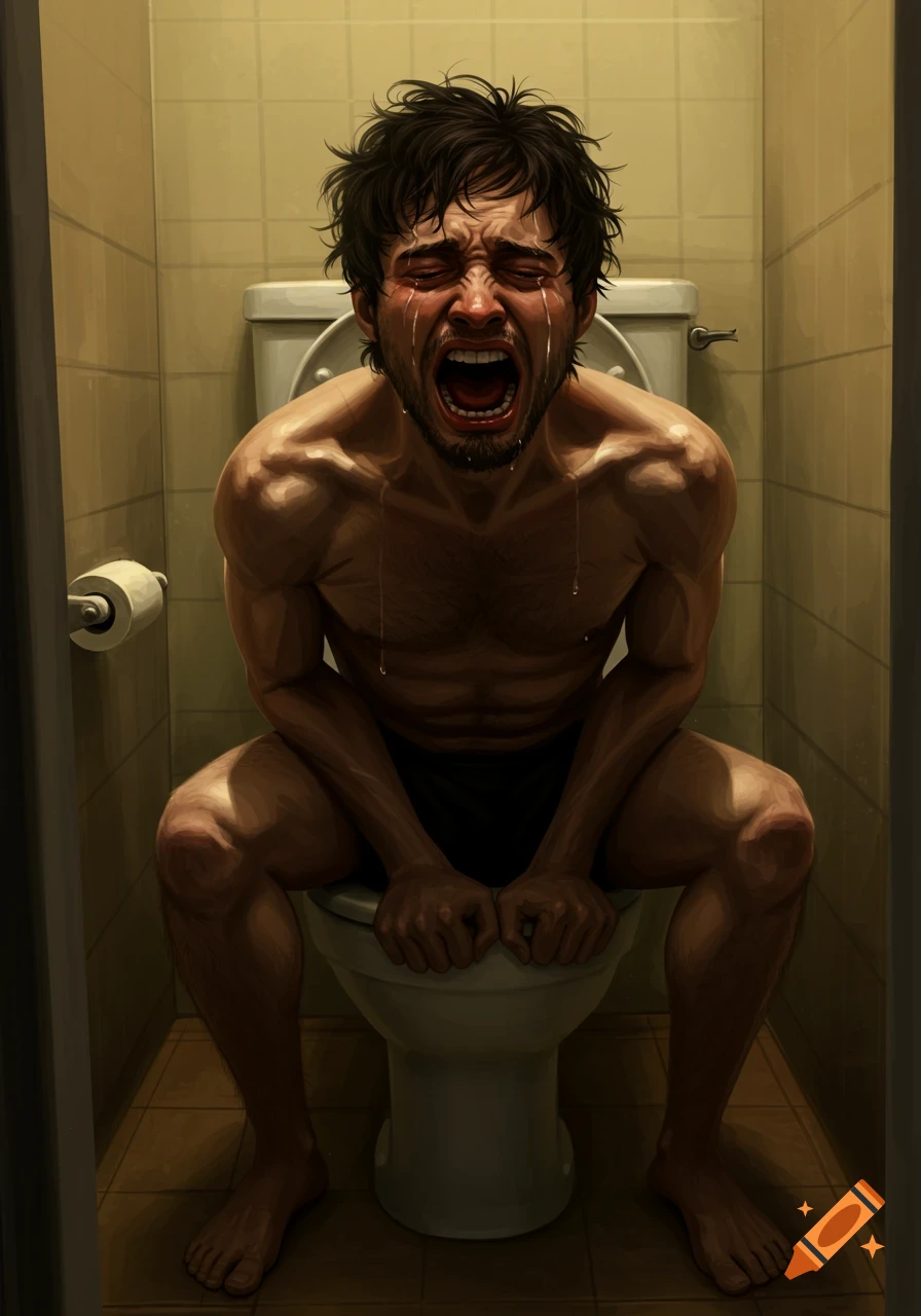 Digital painting of a man screaming and crying while sitting on a toilet.