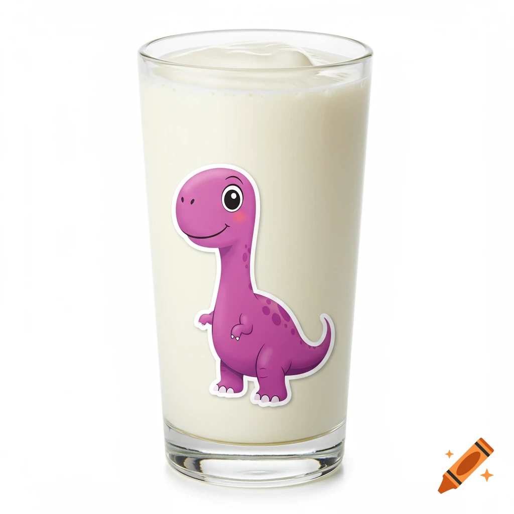 Glass of white milkshake with a cartoon purple dinosaur sticker