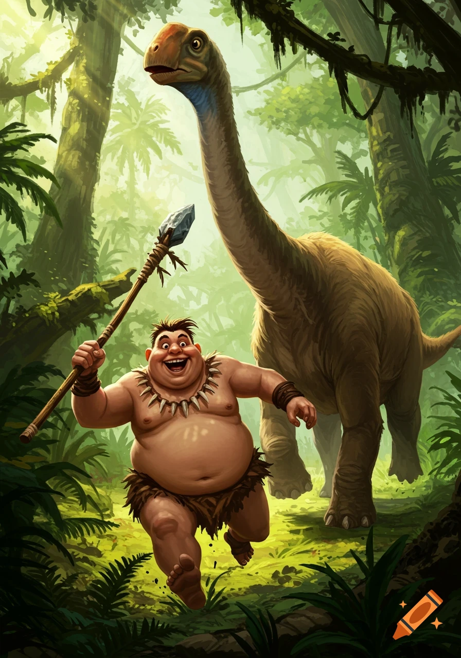 A grinning caveman runs through a jungle holding a spear, with a large dinosaur behind him.