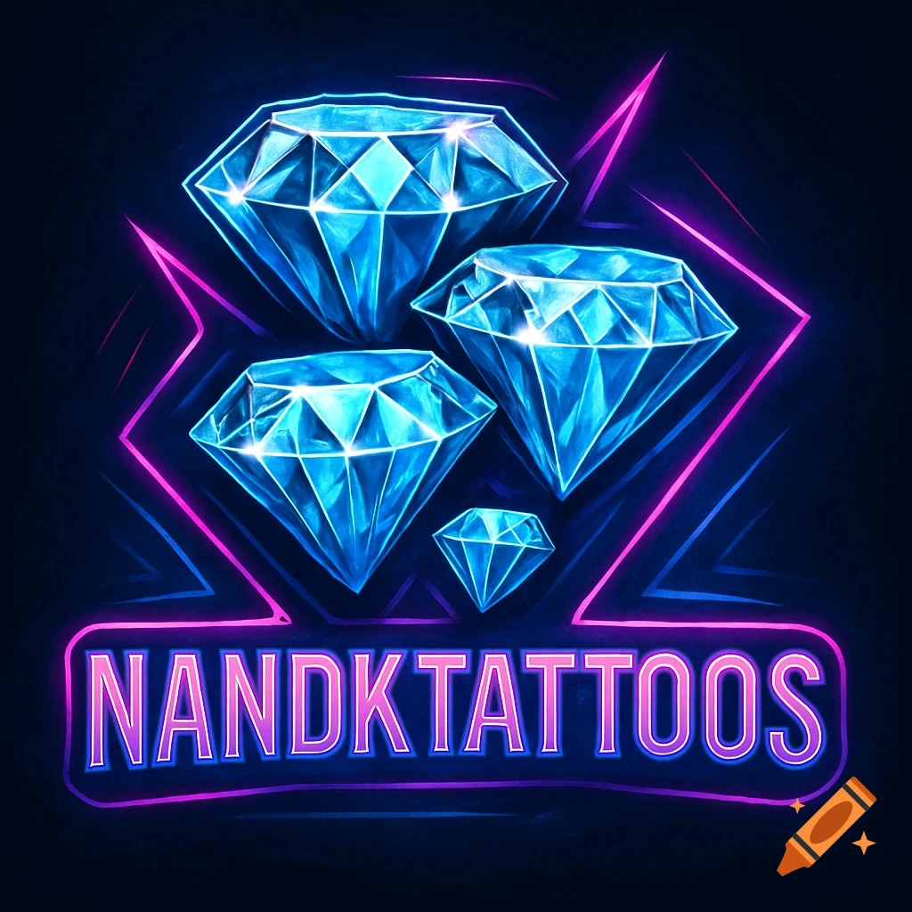 Logo with neon outlined diamonds and text NANDKTATTOOS