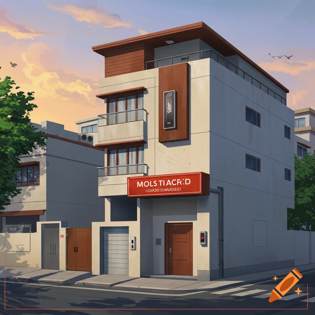 A modern multi-story building with signs on a street corner in an anime style.