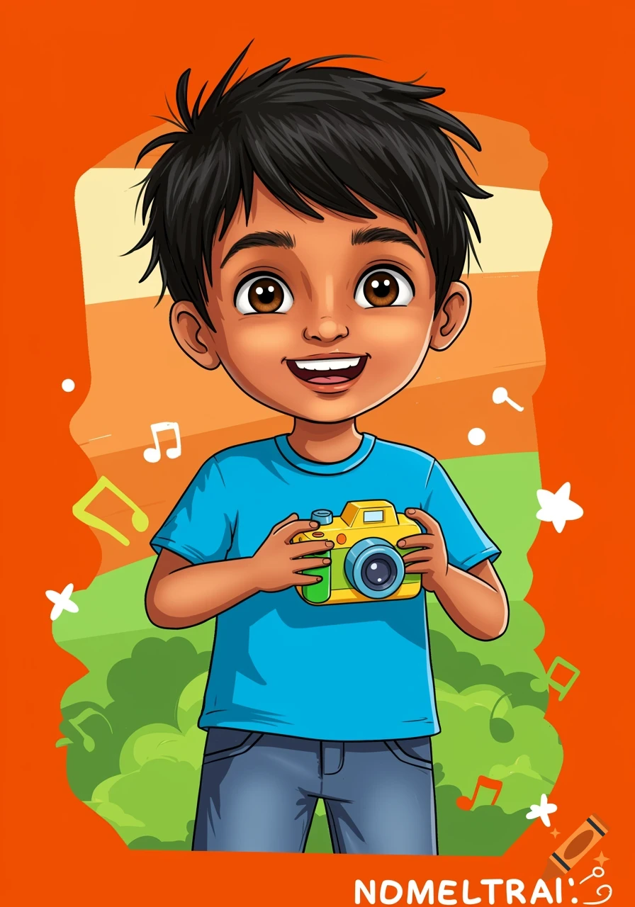 A vibrant cartoon illustration of a smiling Indian boy holding a camera.