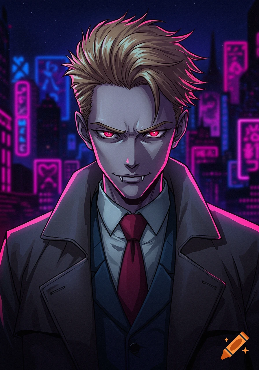 Anime portrait of a vampire with red eyes and fangs, wearing a coat in a neon city.