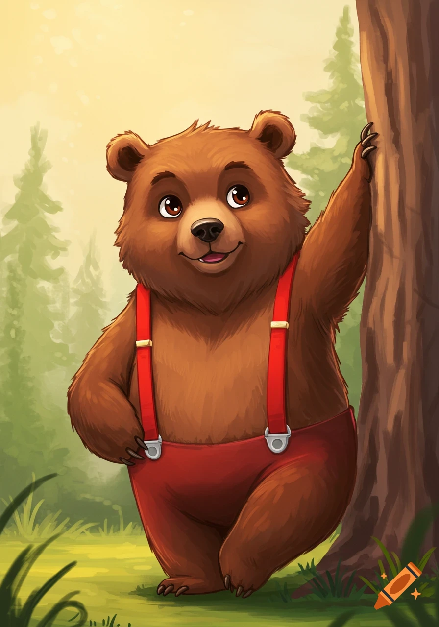 A cute cartoon bear in red suspenders leans on a tree in a forest.