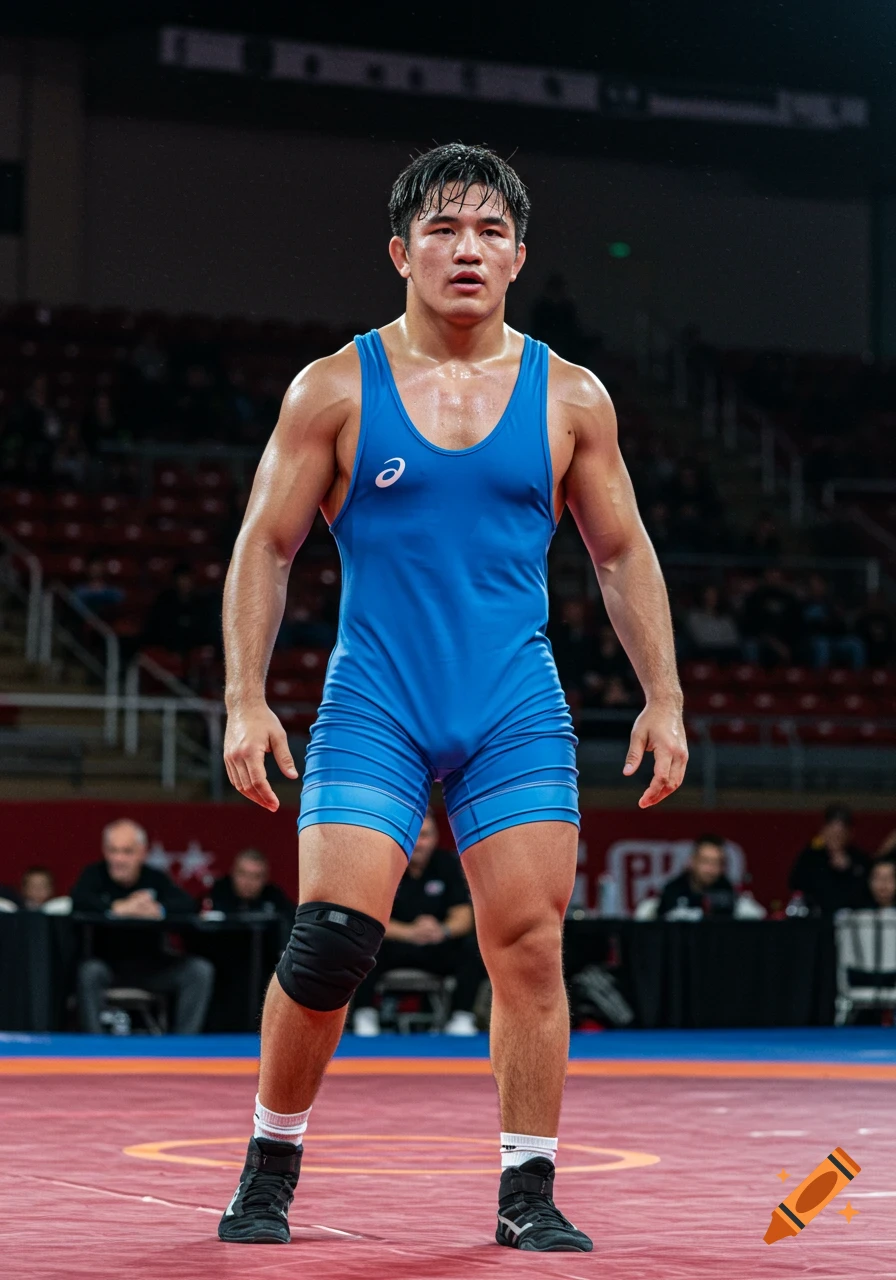 Male wrestler in a blue singlet stands on a mat in an arena.