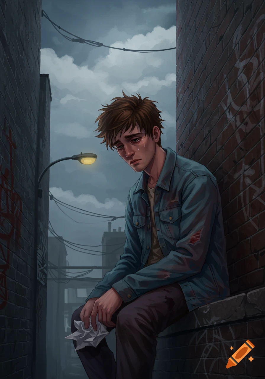 A sad young man sits alone in a dim alley at dusk