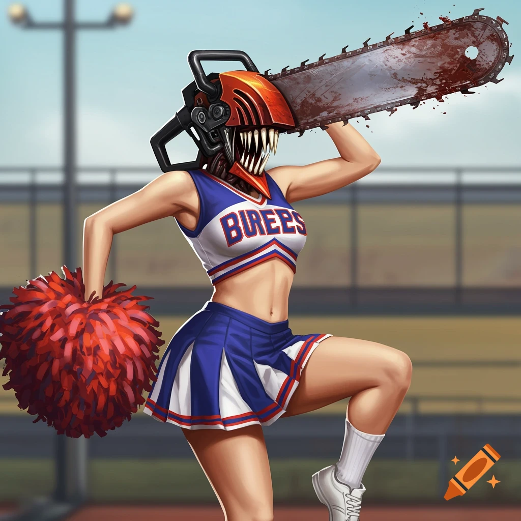 Illustration of a cheerleader with a chainsaw head holding a pom-pom on a track.