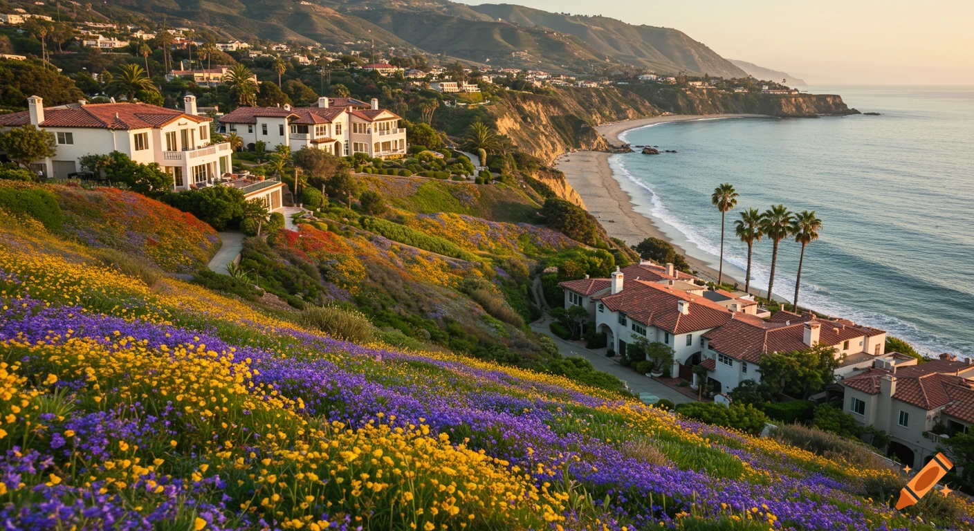 A scenic view of the Southern California coast with houses, vibrant flowers on a hillside, and a beach.