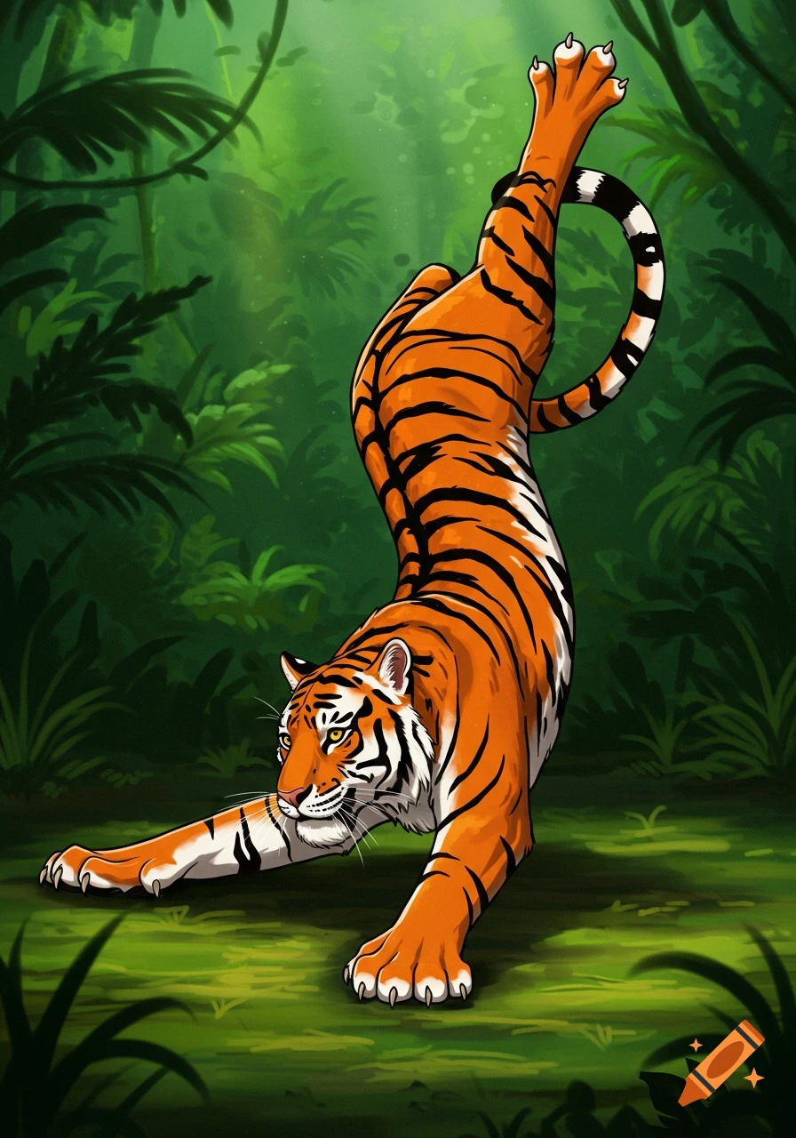 An illustration of a tiger stretching in a jungle.