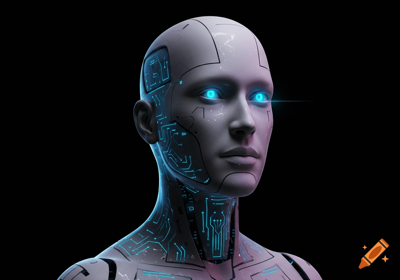 Close-up of a humanoid robot with glowing blue eyes and internal ...