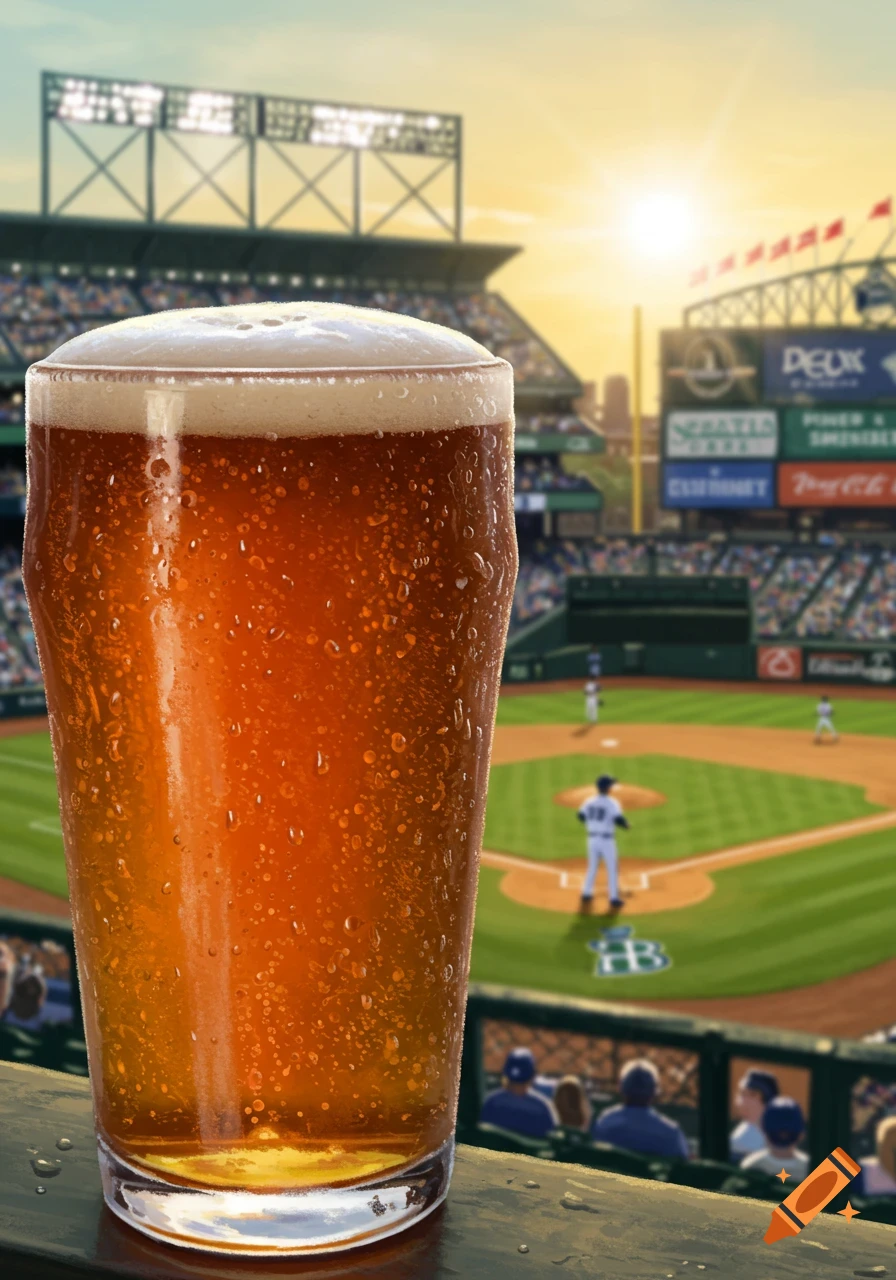 A glass of beer on a railing overlooks a baseball game at sunset.