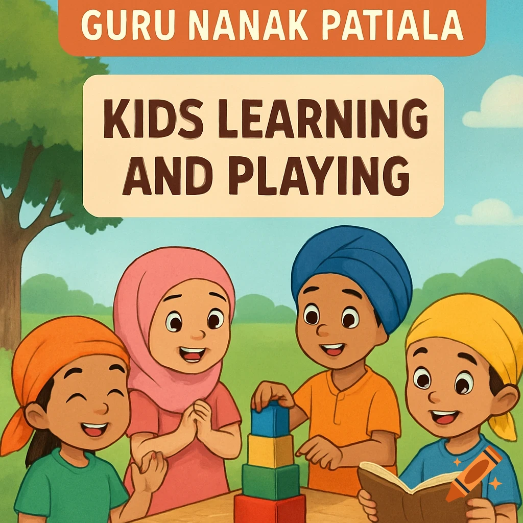 Cartoon of diverse kids with heads covered learning and playing with blocks and a book. Text reads 'Guru Nanak Patiala Kids Learning and Playing'.