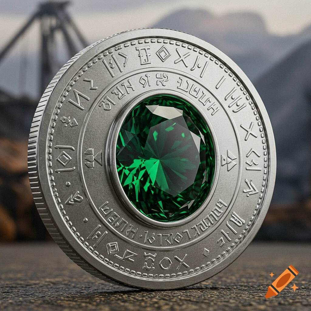 A detailed silver coin with dwarven symbols around a large green gemstone.