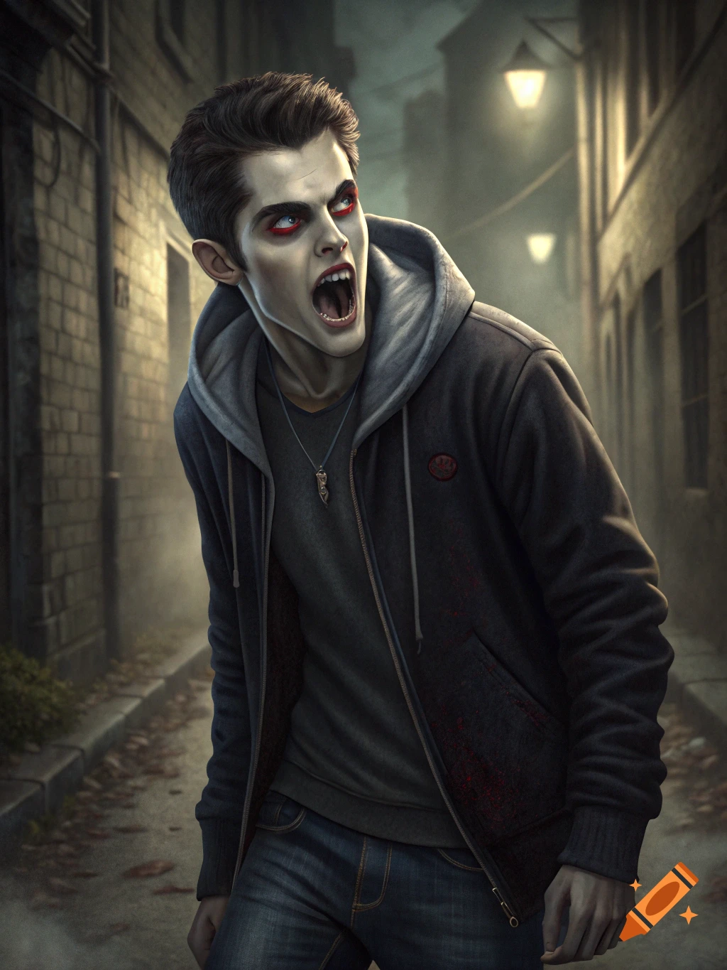 A young man with pale skin and red eyes, depicted as a vampire, standing in a dark alleyway.