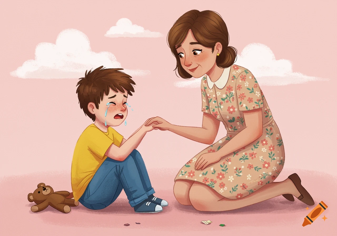 A woman comforts a crying boy who sits on the ground in a children's book style illustration.
