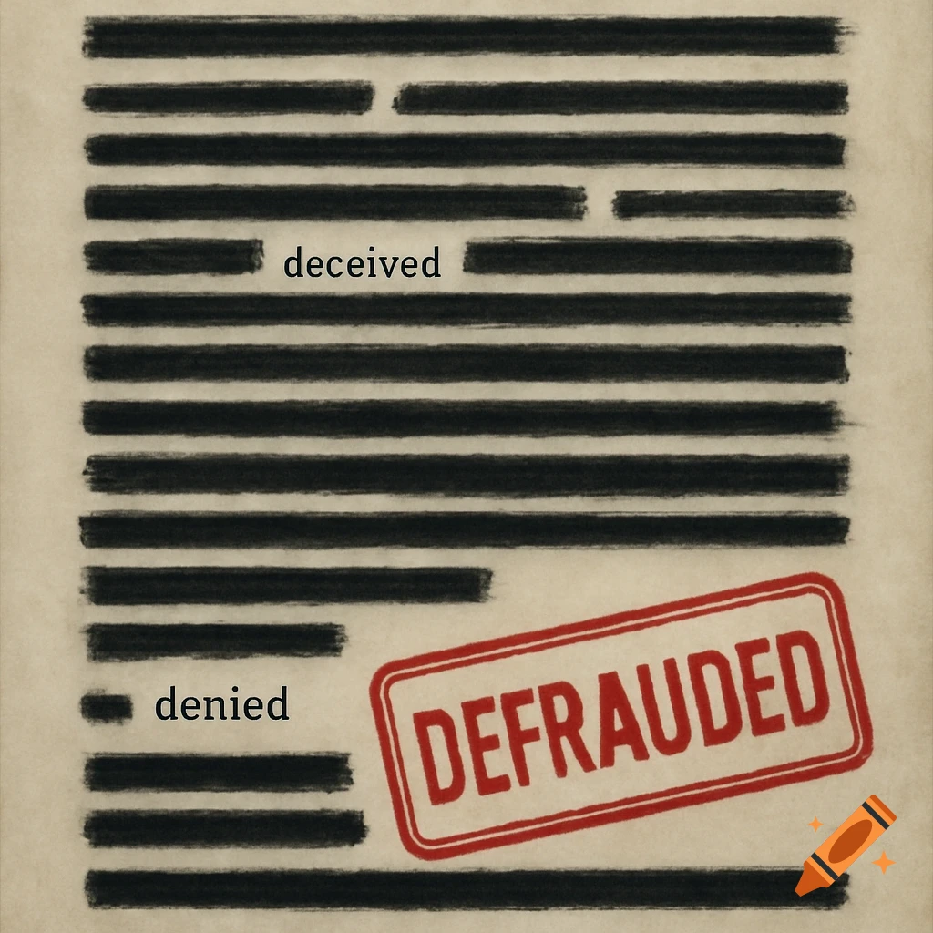 Stylized document with blacked-out lines, words "deceived", "denied", and a red "DEFRAUDED" stamp.