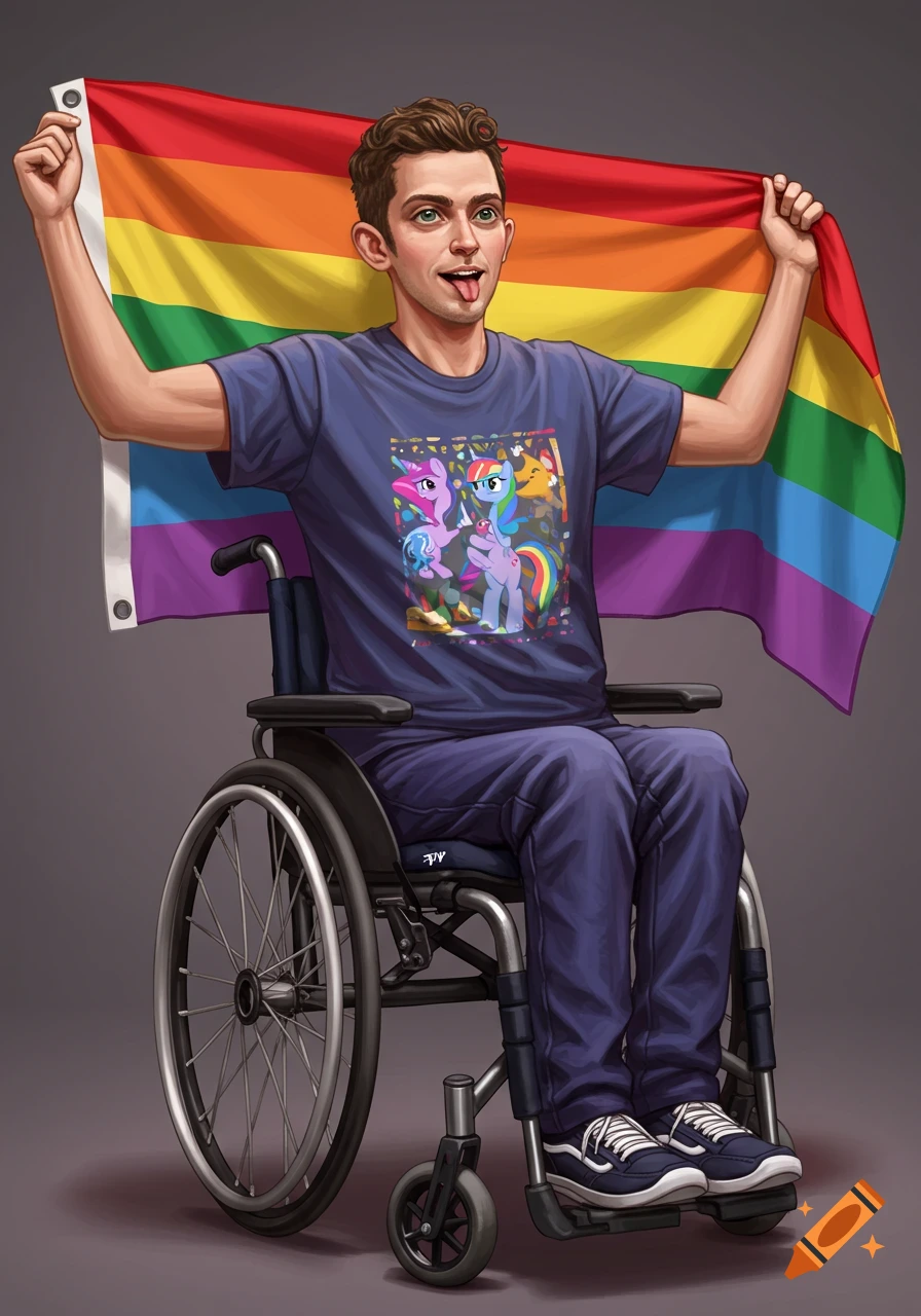 Man in a wheelchair holding a pride flag, wearing a shirt with cartoon ponies.