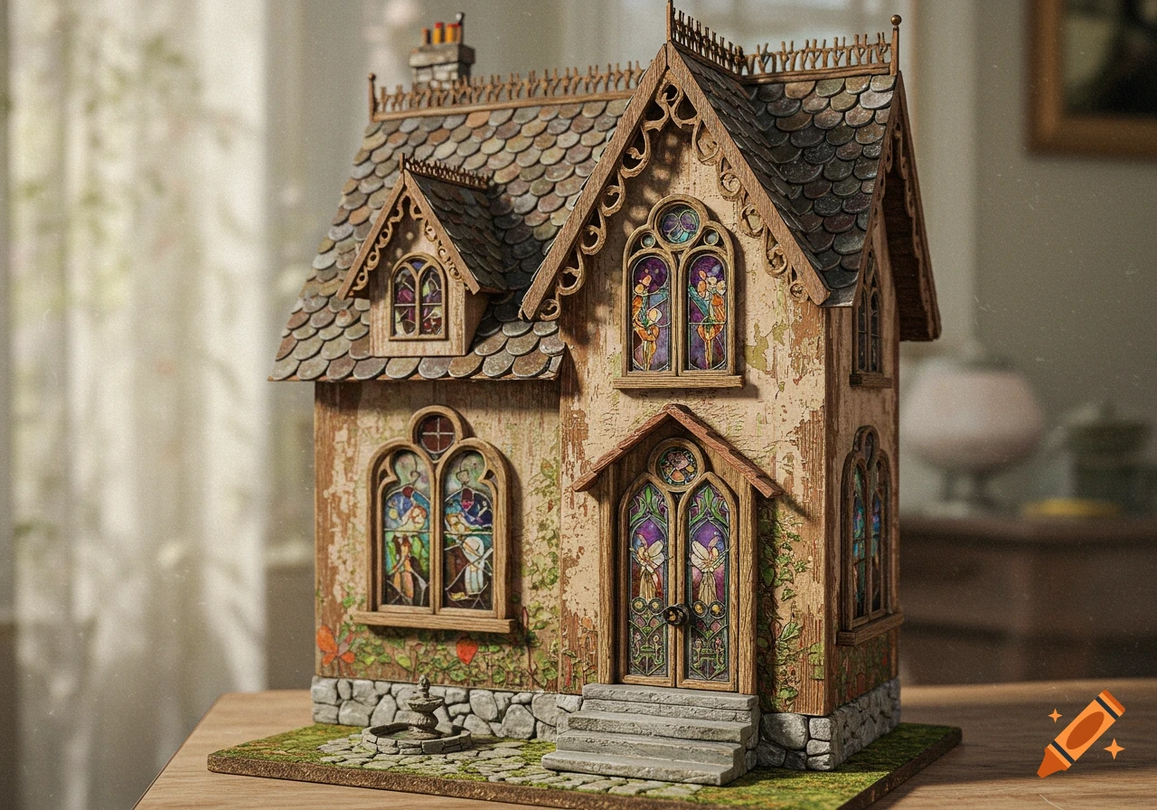 An antique, detailed doll house with stained glass windows and a small fountain.