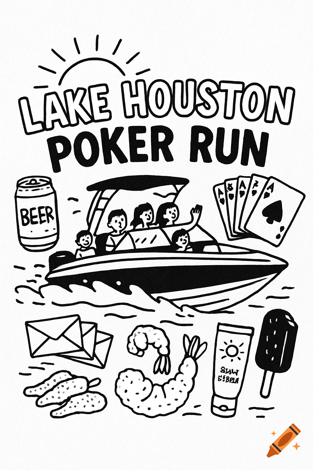 Black and white doodle illustration of a boat with people on water surrounded by icons like beer, poker cards, and food. Text: LAKE HOUSTON POKER RUN.