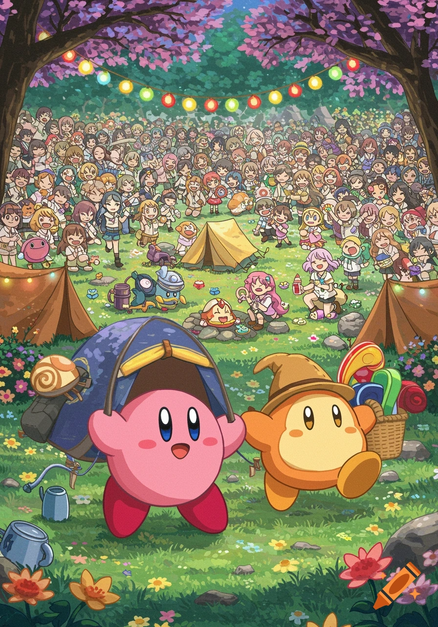 Kirby and Waddle Dee camping with a large crowd of cartoon girls in a forest clearing, anime style.