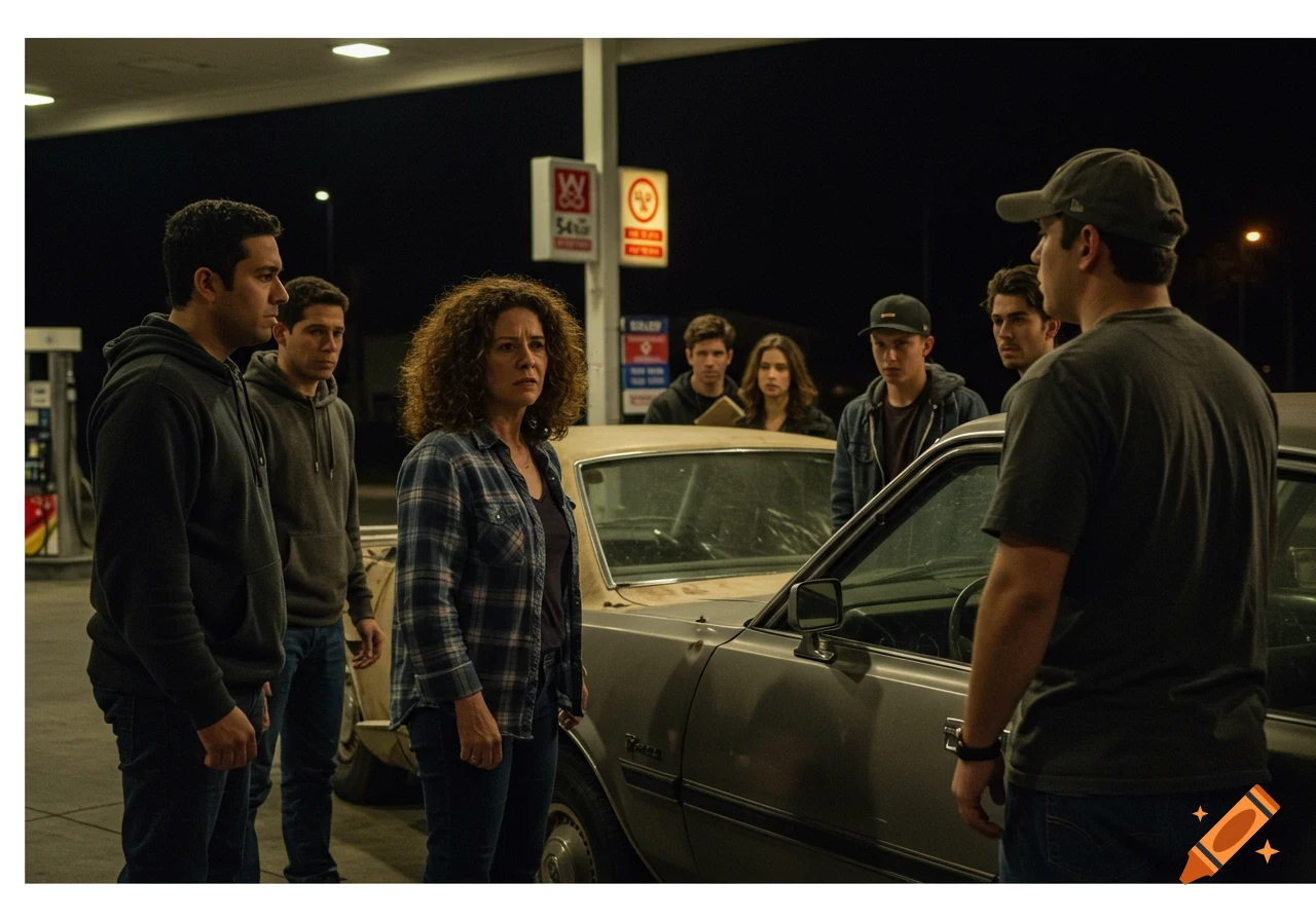 Group of people with concerned expressions around a car at a gas station at night.