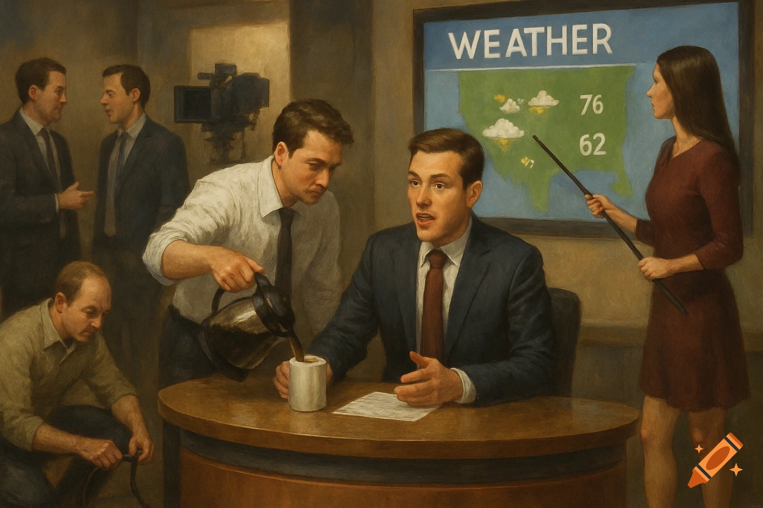 Painterly image of a news studio with anchors and crew, including a man pouring coffee and a woman pointing at a weather screen.