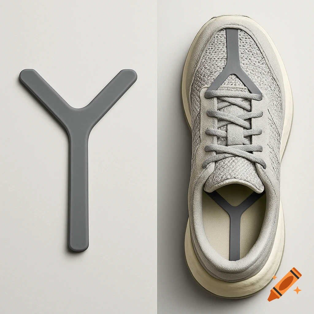 Overhead view of a gray sneaker with a gray Y-shaped plastic insert, next to a matching Y-shaped object.