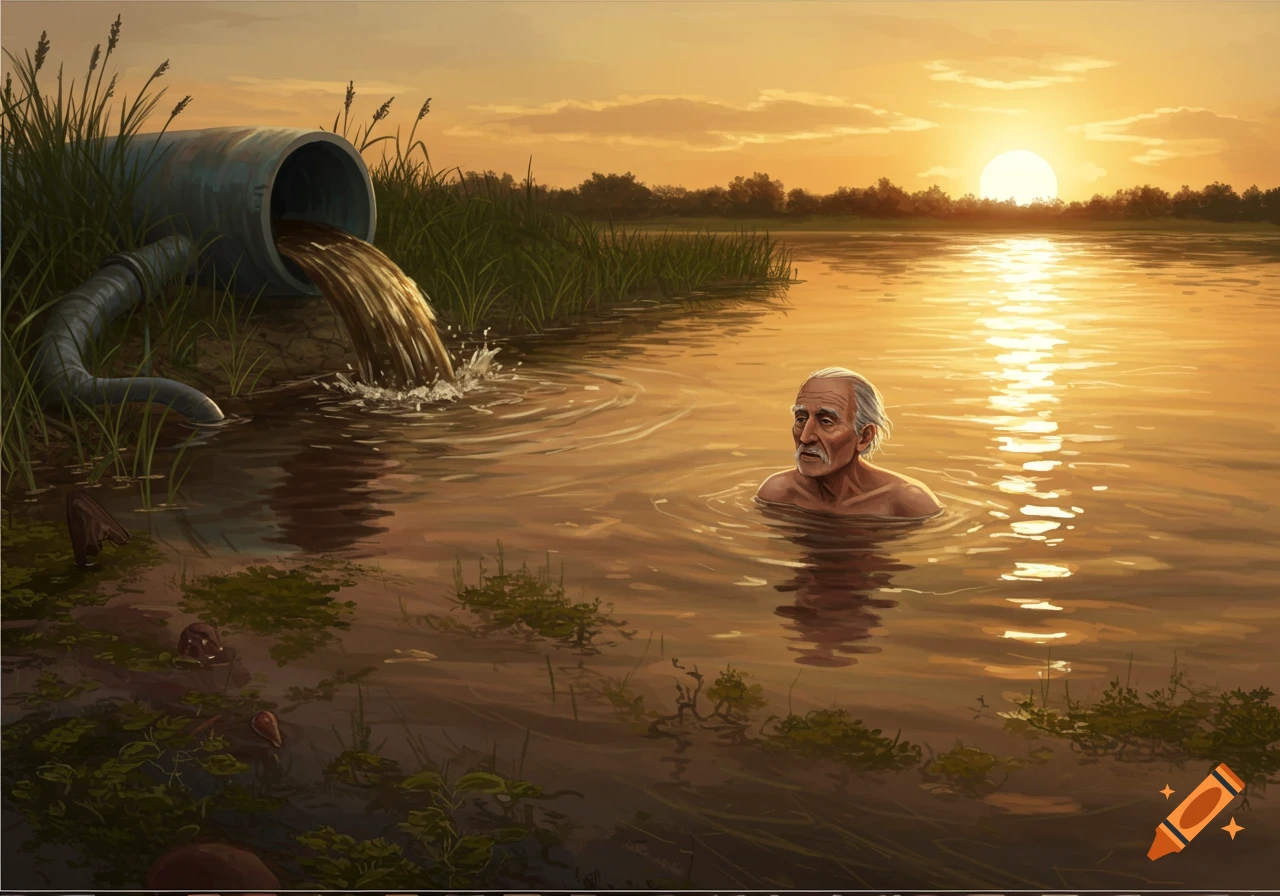 An old man swims in a lake while a pipe dumps sewage into it at sunset.