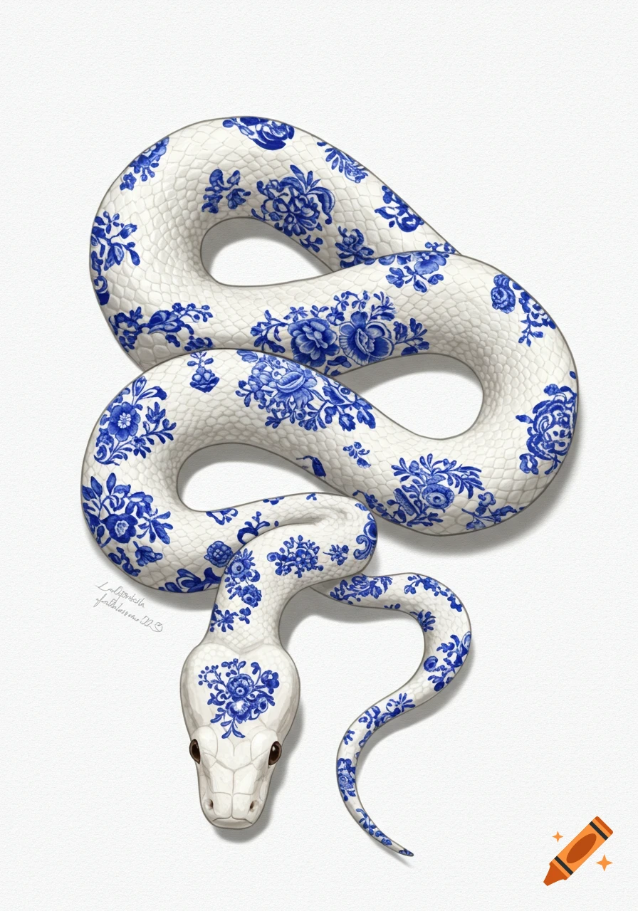 A white snake with a blue vintage china floral pattern illustrated on a white background.