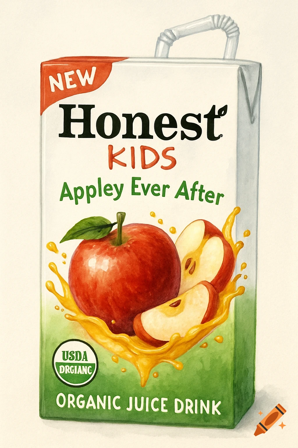 Watercolor painting of an Honest Kids juice box with apples and juice splash.