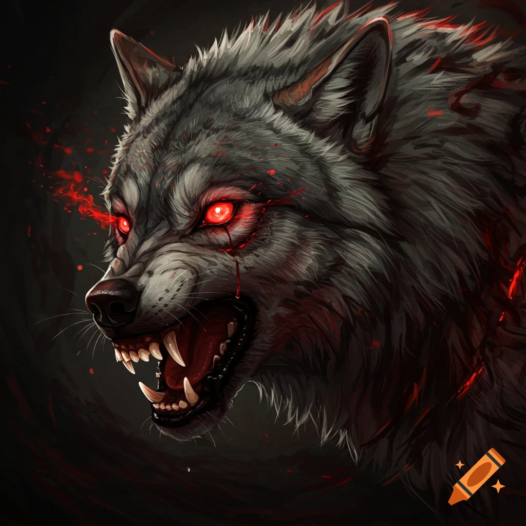 Intense close-up of a growling grey wolf with red glowing eyes and dripping blood, dark fantasy style.