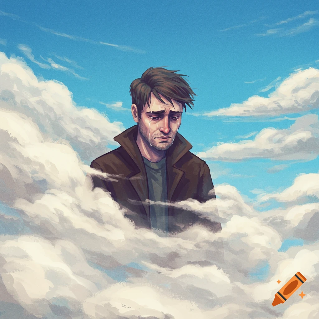 An illustration of a man crying surrounded by clouds against a blue sky.