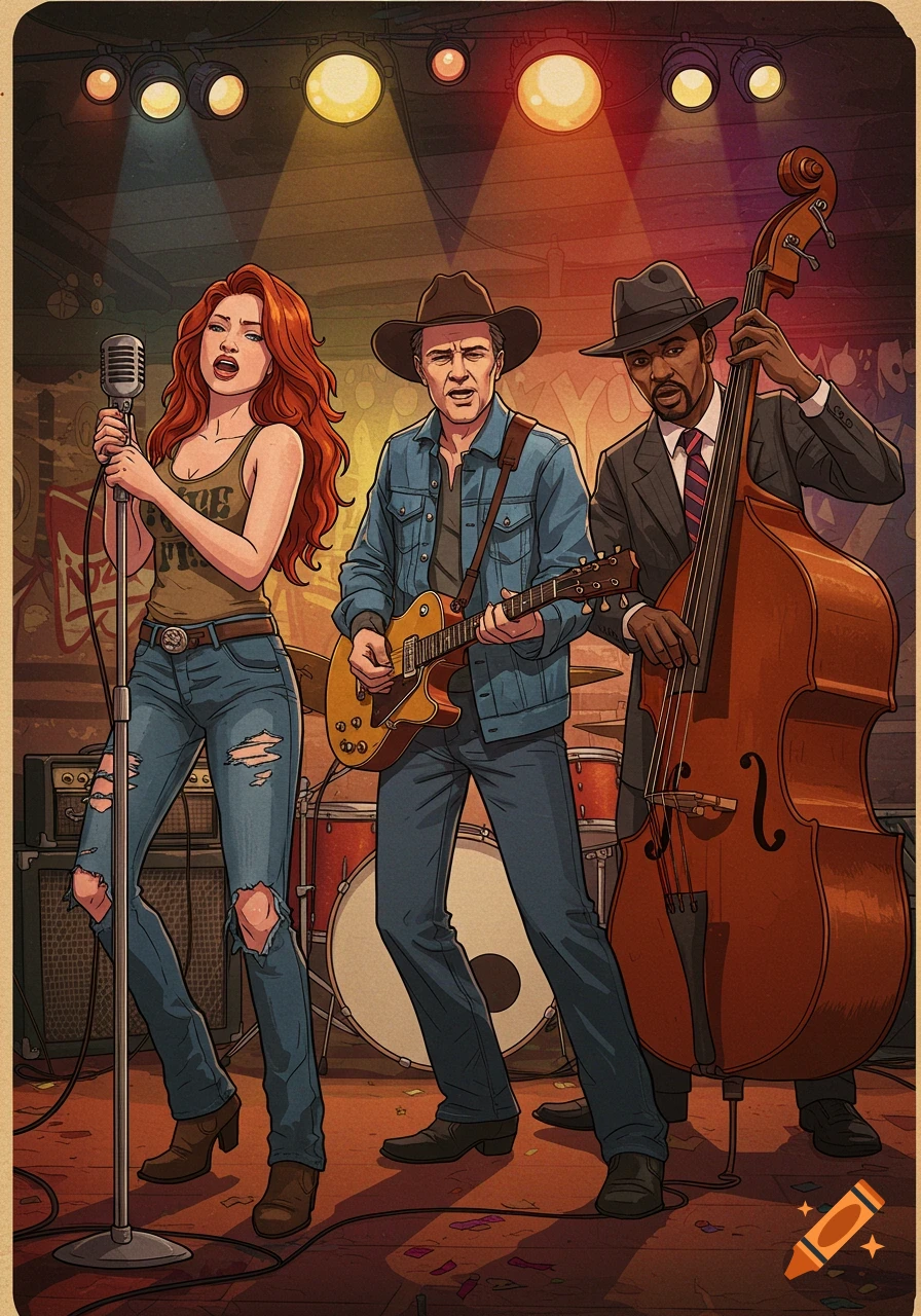 Illustration of a country music band playing on stage.