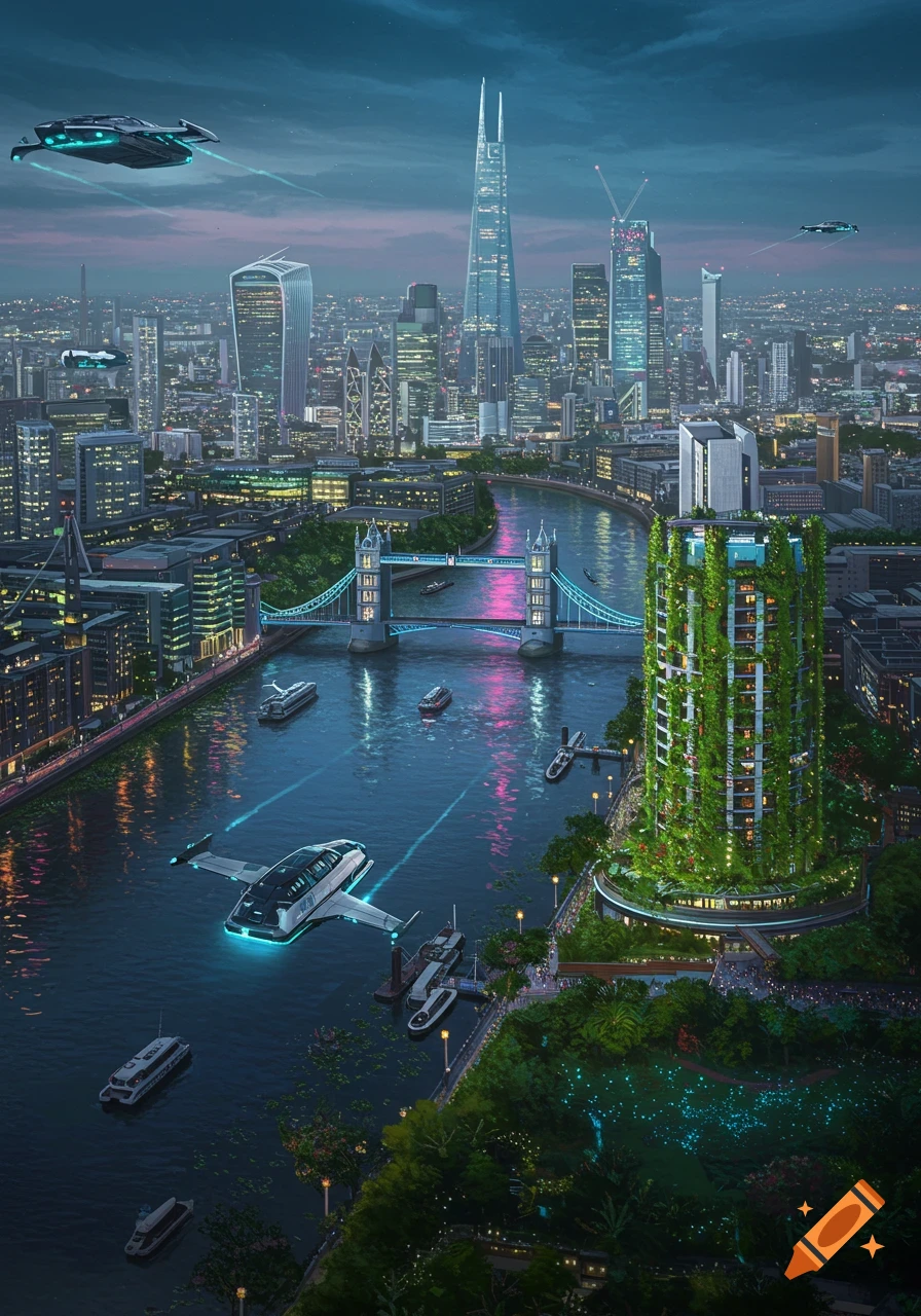 A futuristic view of the Thames river in London at dusk, showing Tower Bridge, skyscrapers, a building covered in greenery, air taxis, and boats.