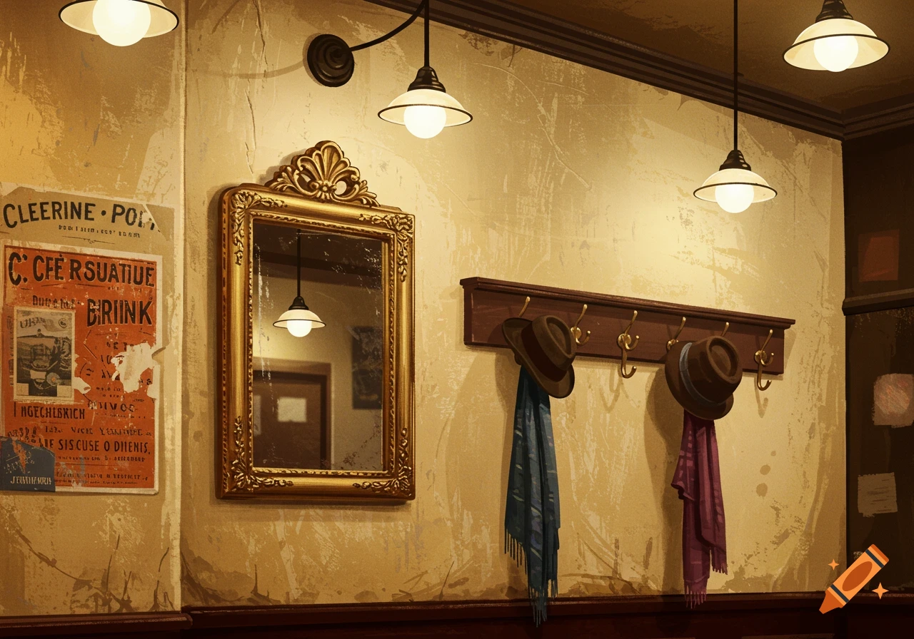 A wall in a vintage-style cafe with a golden mirror, coat rack holding hats and scarves, and aged posters.