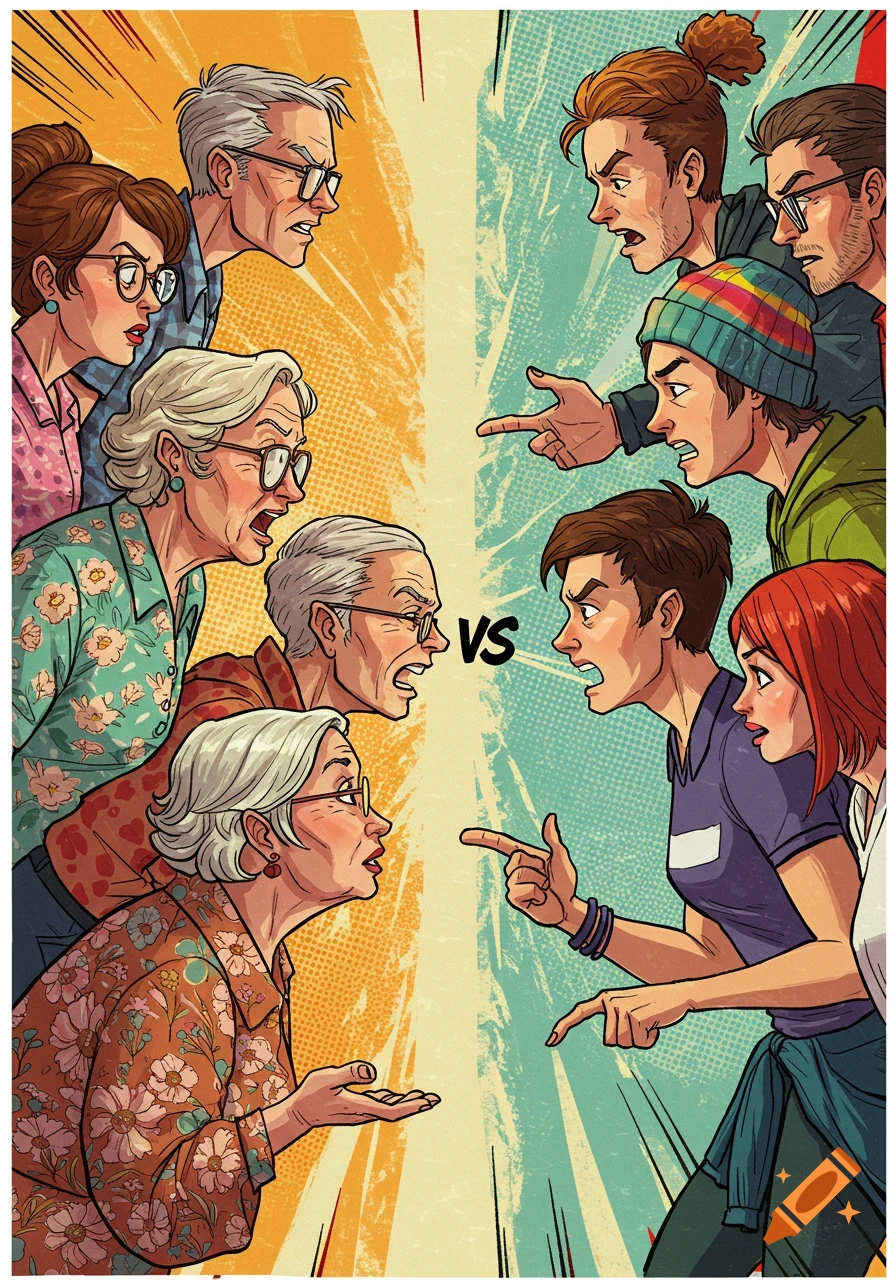 Cartoon illustration of older adults facing off against younger adults with 'VS' in the center.