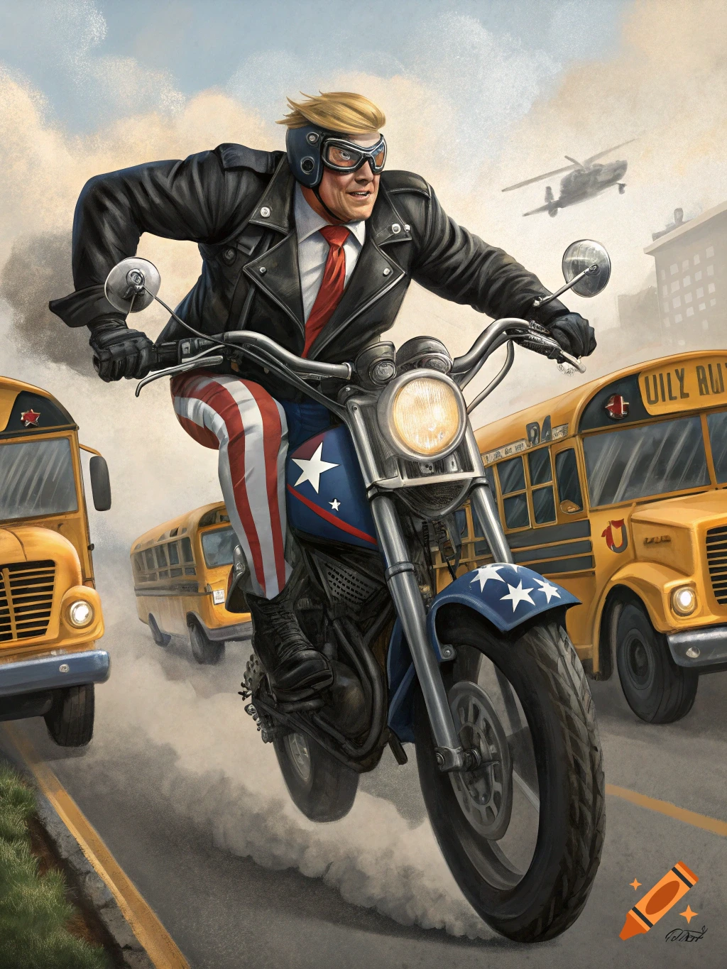 Illustration of Donald Trump dressed as Evel Knievel jumping school buses on a motorcycle.