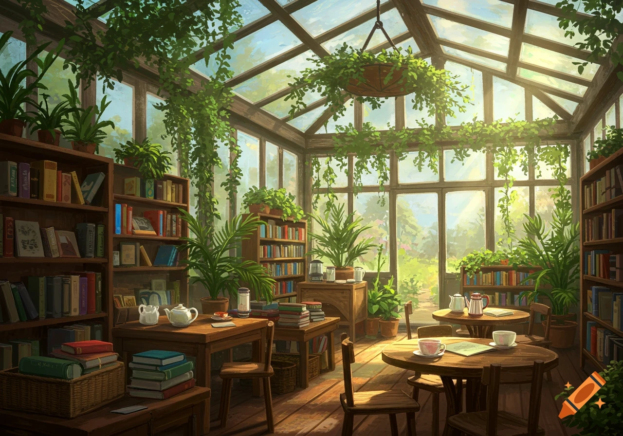 A cozy bookshop set inside a sunny greenhouse, filled with books on shelves, lush green plants, wooden tables, chairs, and tea sets.