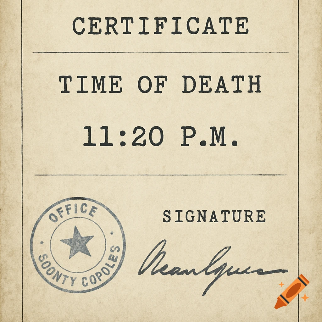 A vintage-style certificate form showing "CERTIFICATE", "TIME OF DEATH 11:20 P.M.", a stamp, and a signature.