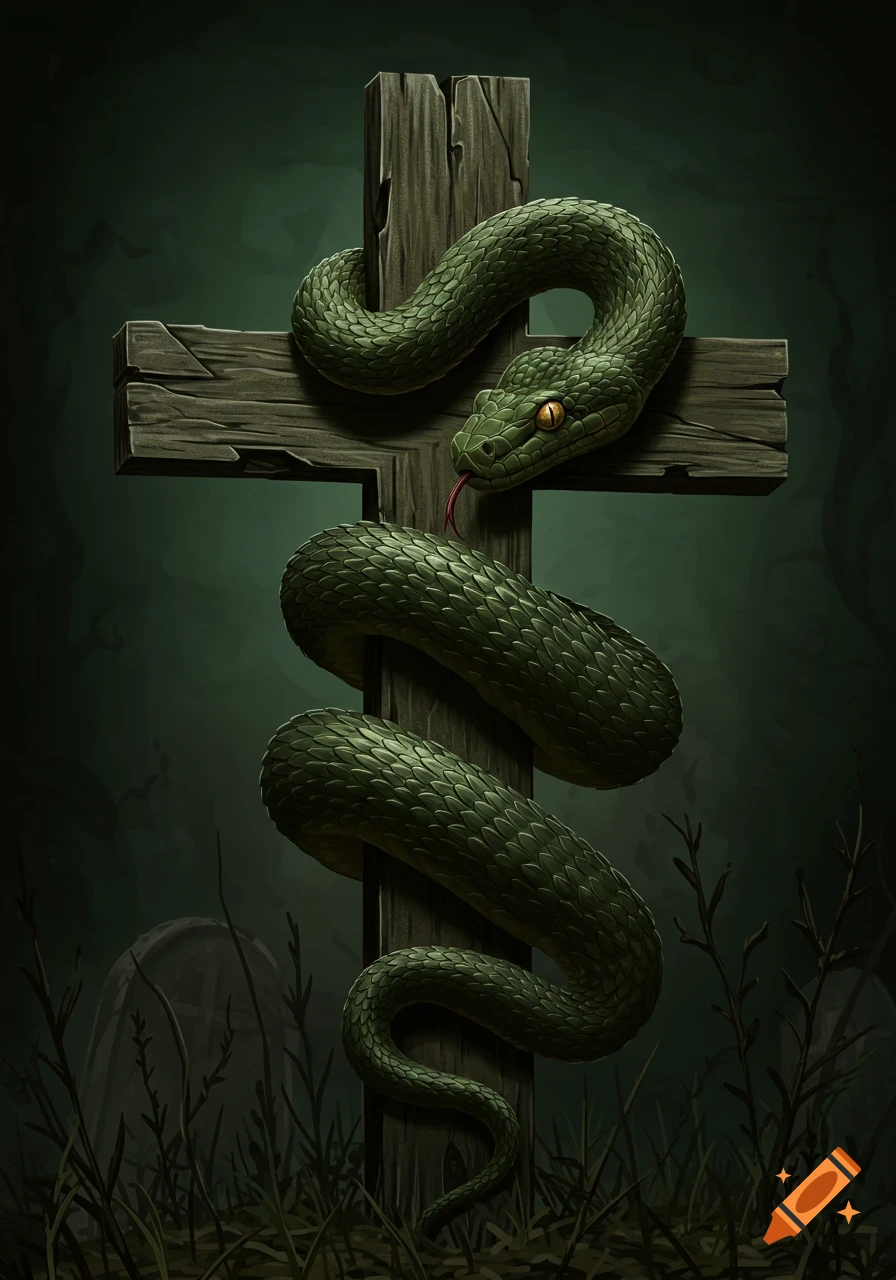 A green snake wrapped around a wooden cross in a dark, overgrown setting, illustration style.