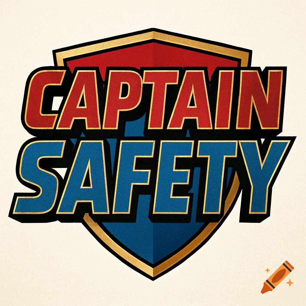 A superhero-style logo on a shield background with the words "CAPTAIN SAFETY" in red and blue.
