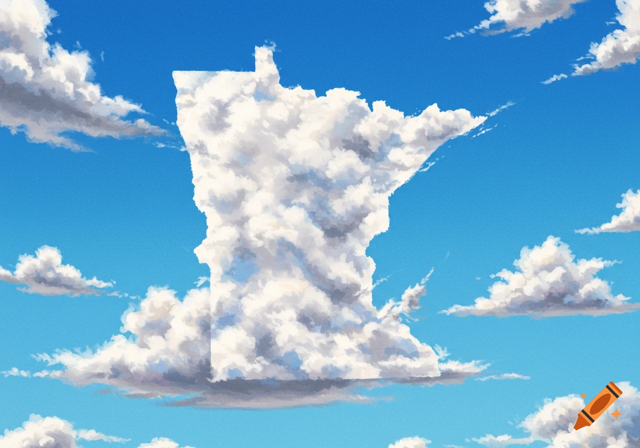 An illustrative cloud in the shape of Minnesota floats against a blue sky.