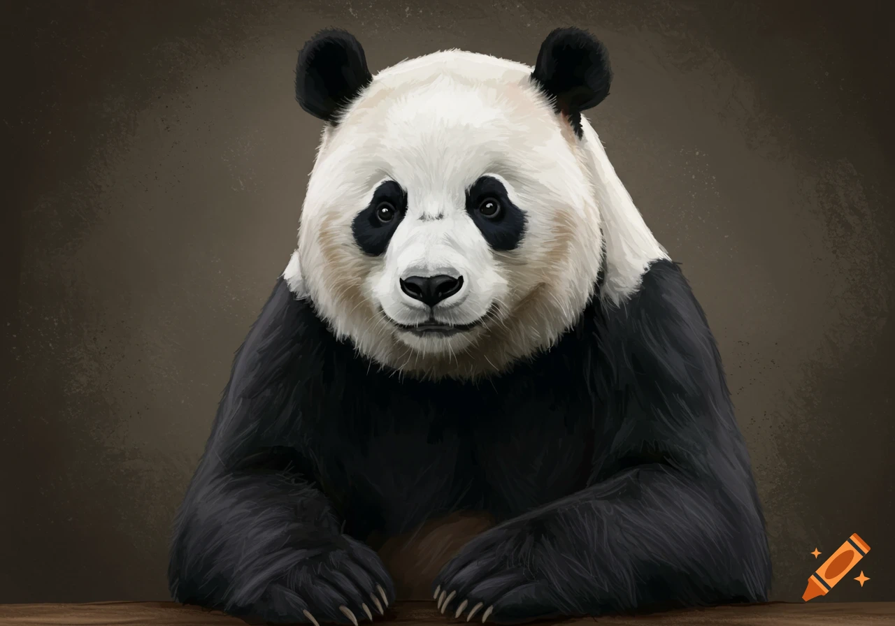 Digital painting of a panda sitting at a table and looking forward.