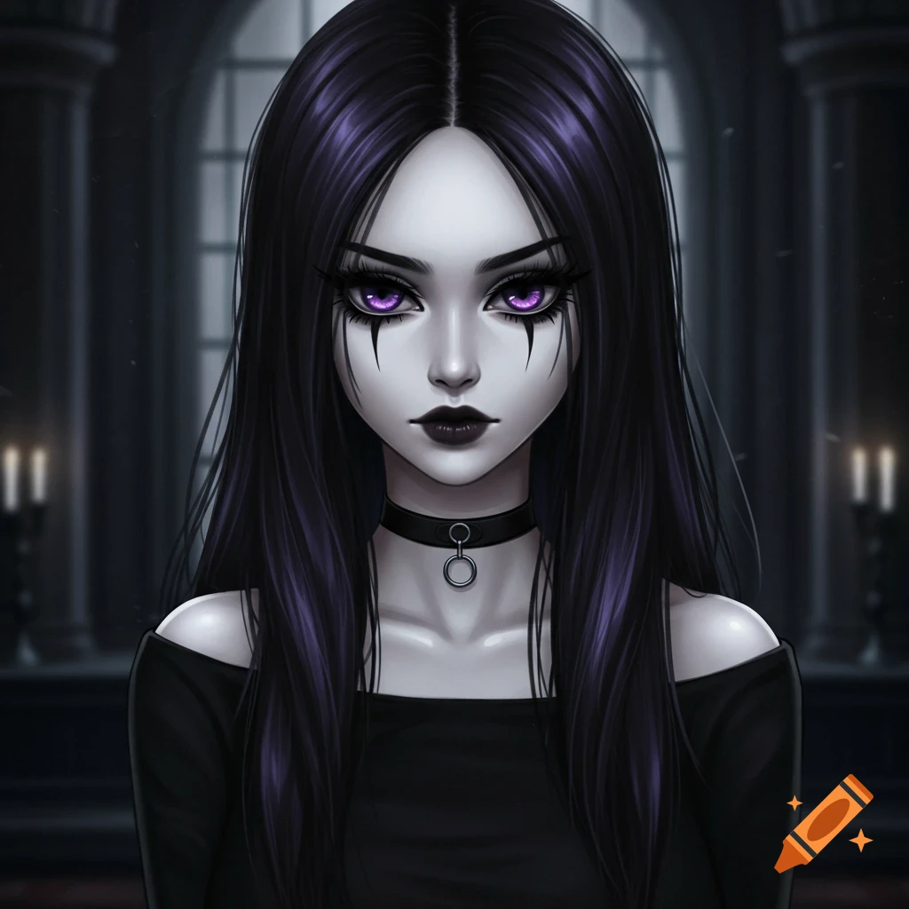 Anime goth girl portrait with purple eyes and black hair