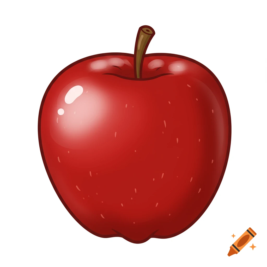 A stylized clipart illustration of a bright red apple with a brown stem.