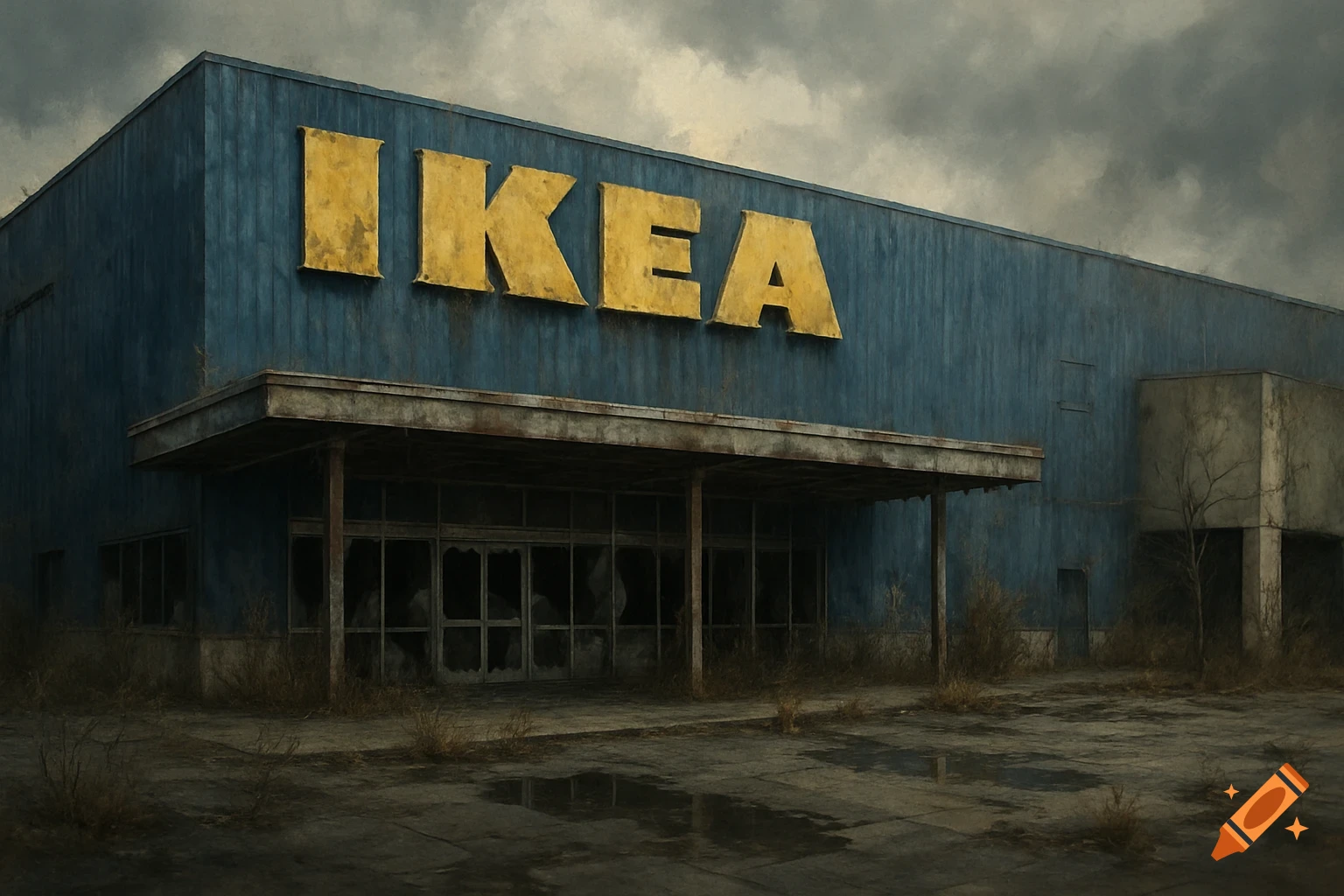 Abandoned IKEA store under a dark sky
