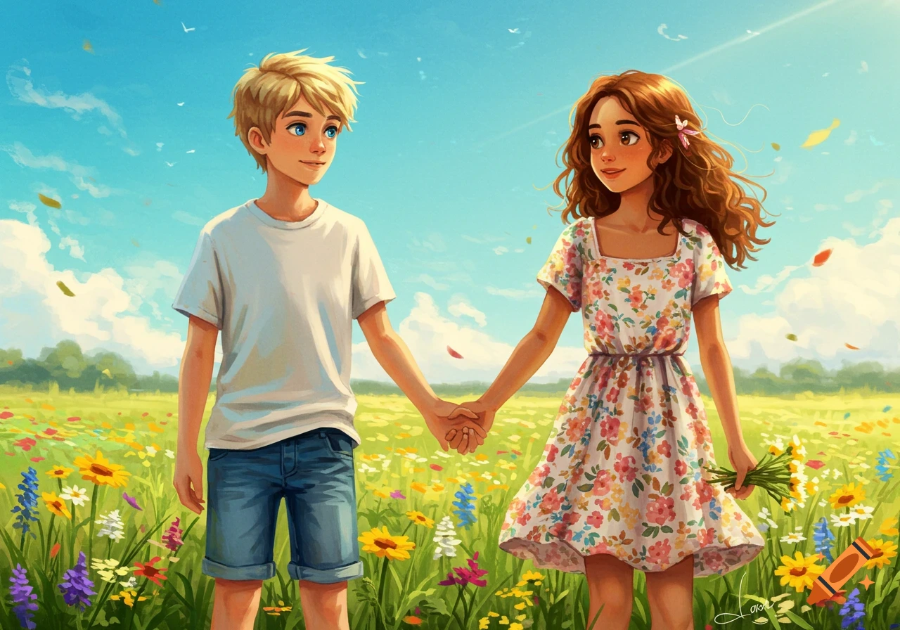 An illustration of a boy and girl holding hands in a sunny flower meadow.