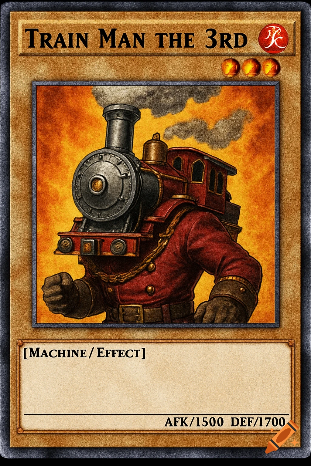 A Yu-Gi-Oh! style trading card for "Train Man The 3rd", a monster with a train engine head and a human body in a red uniform.